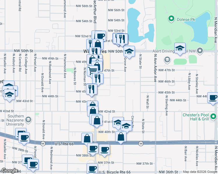 map of restaurants, bars, coffee shops, grocery stores, and more near 5805 Northwest 45th Street in Warr Acres