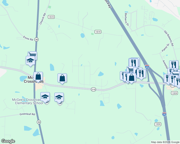 map of restaurants, bars, coffee shops, grocery stores, and more near Combine Trail in Johnston County