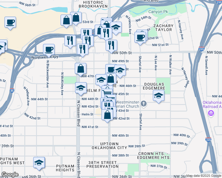 map of restaurants, bars, coffee shops, grocery stores, and more near 1105 Northwest 45th Street in Oklahoma City