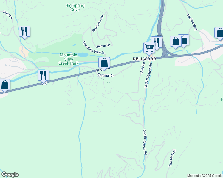 map of restaurants, bars, coffee shops, grocery stores, and more near 84 Tumbling Water Trail in Maggie Valley