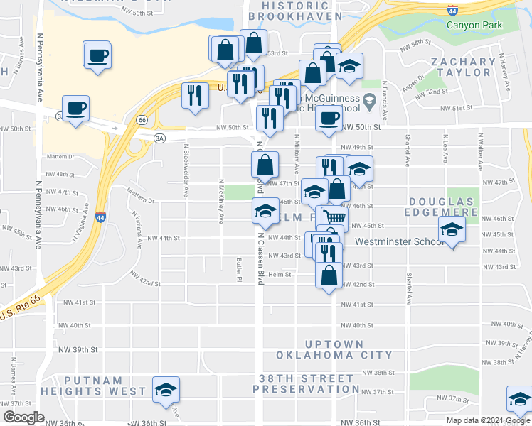 map of restaurants, bars, coffee shops, grocery stores, and more near 4619 North Classen Boulevard in Oklahoma City
