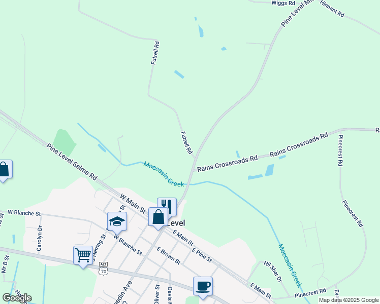 map of restaurants, bars, coffee shops, grocery stores, and more near 30 Futrell Road in Selma