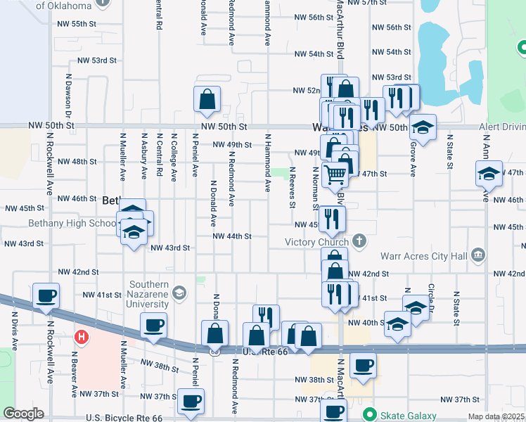 map of restaurants, bars, coffee shops, grocery stores, and more near 4612 North Hammond Avenue in Warr Acres