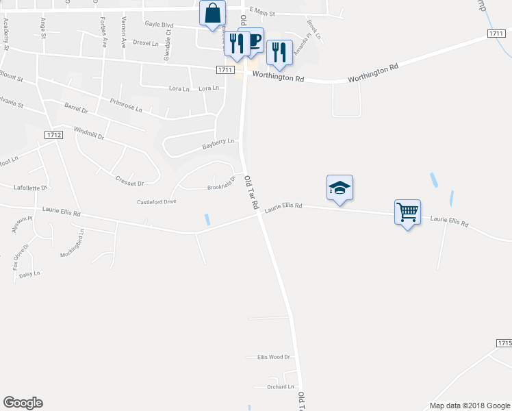 map of restaurants, bars, coffee shops, grocery stores, and more near Old Tar Road in Winterville