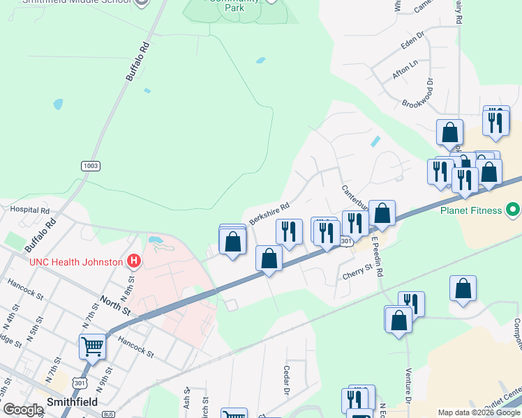 map of restaurants, bars, coffee shops, grocery stores, and more near 901 Berkshire Road in Smithfield