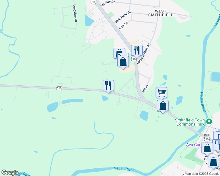 map of restaurants, bars, coffee shops, grocery stores, and more near 110 Skyland Drive in Smithfield