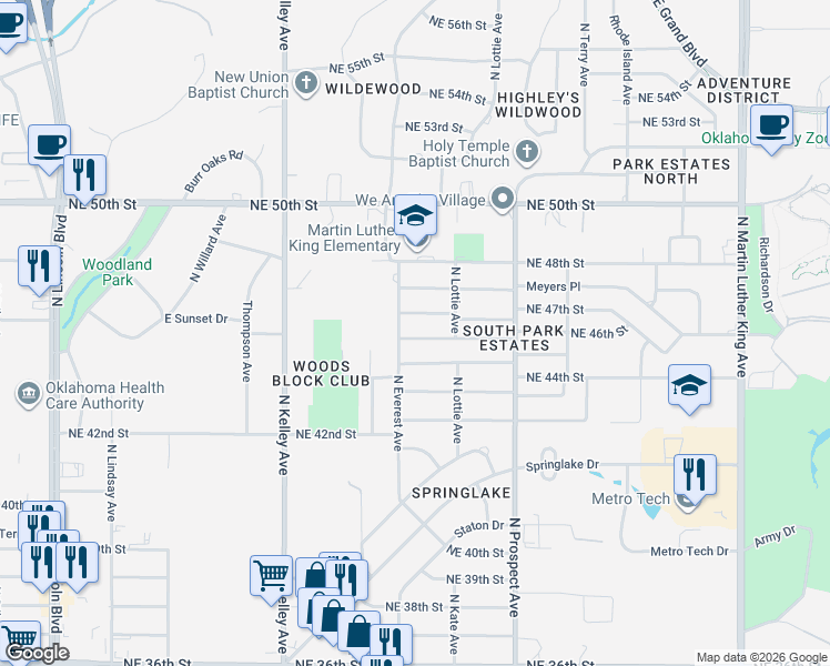 map of restaurants, bars, coffee shops, grocery stores, and more near 1206 Northeast 46th Street in Oklahoma City