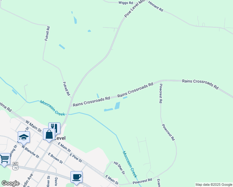 map of restaurants, bars, coffee shops, grocery stores, and more near 275 Rains Crossroads Road in Selma
