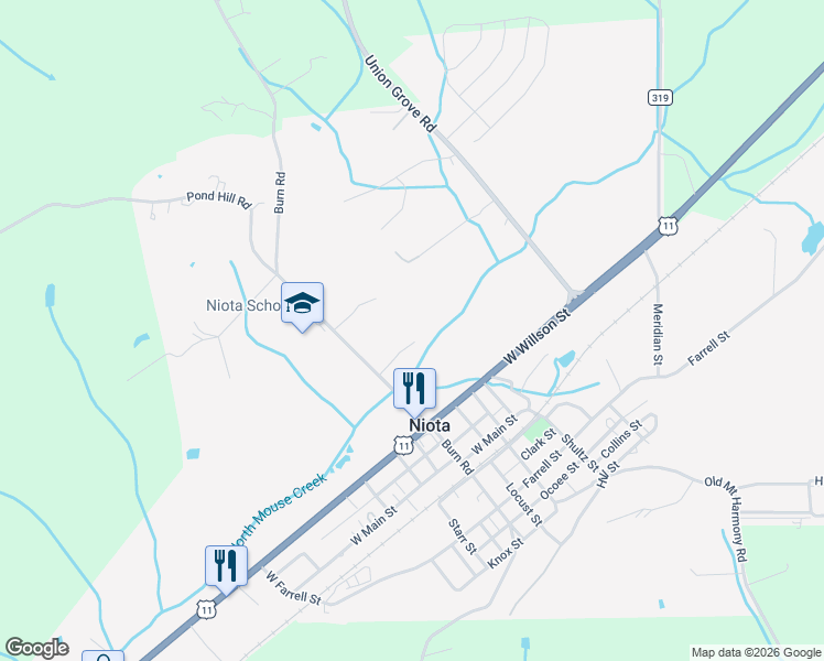 map of restaurants, bars, coffee shops, grocery stores, and more near 307 Burn Road in Niota