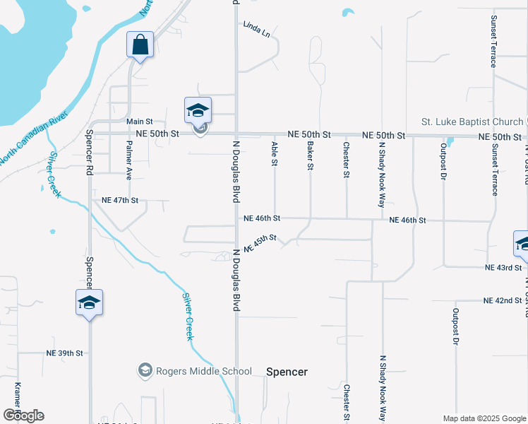 map of restaurants, bars, coffee shops, grocery stores, and more near 9117 Northeast 46th Street in Spencer