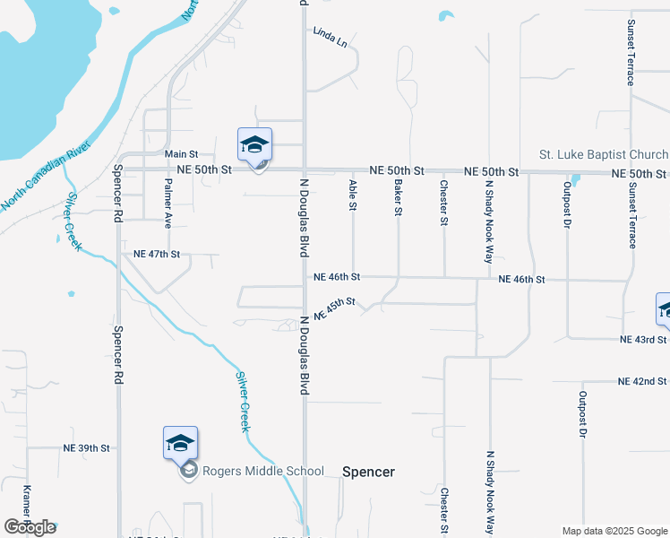 map of restaurants, bars, coffee shops, grocery stores, and more near 9117 Northeast 46th Street in Spencer
