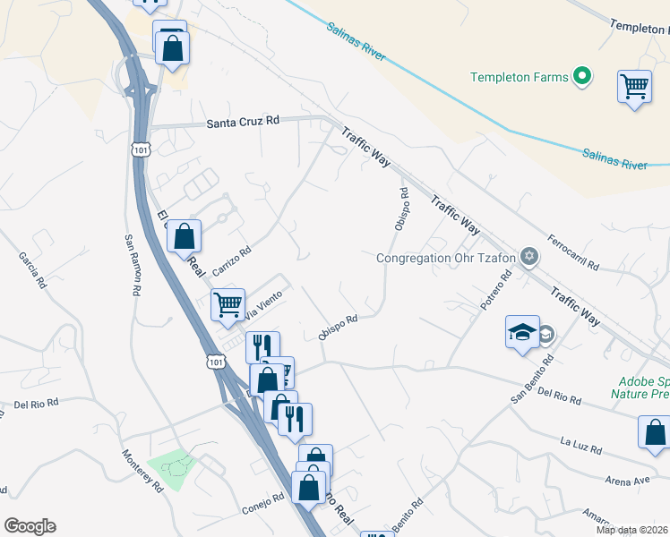 map of restaurants, bars, coffee shops, grocery stores, and more near 4620 Obispo Road in Atascadero