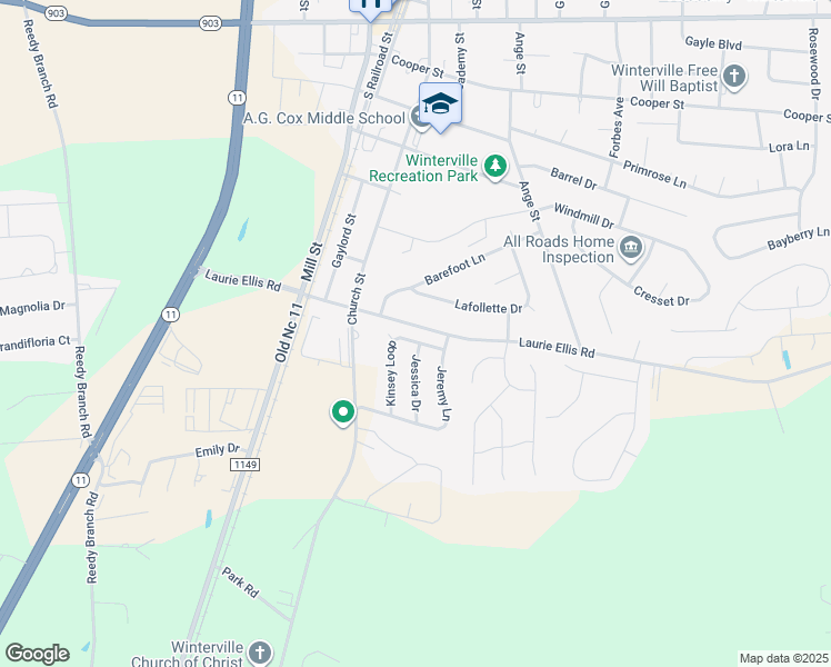 map of restaurants, bars, coffee shops, grocery stores, and more near 2932 Kinsey Loop in Winterville