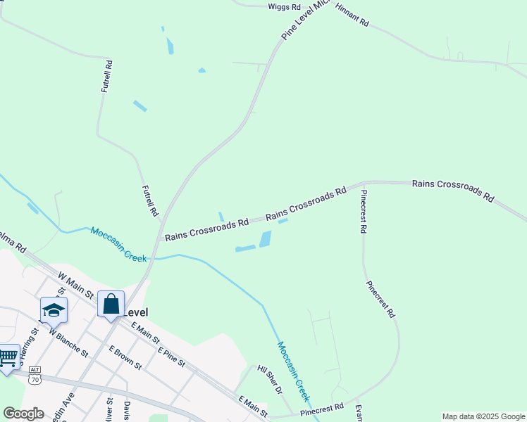 map of restaurants, bars, coffee shops, grocery stores, and more near 275 Rains Crossroads Road in Selma