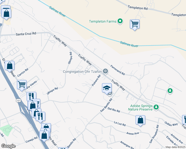map of restaurants, bars, coffee shops, grocery stores, and more near 4100 Potrero Road in Atascadero