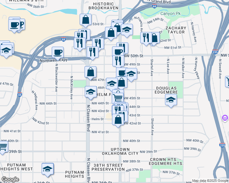 map of restaurants, bars, coffee shops, grocery stores, and more near 1105 Northwest 45th Street in Oklahoma City