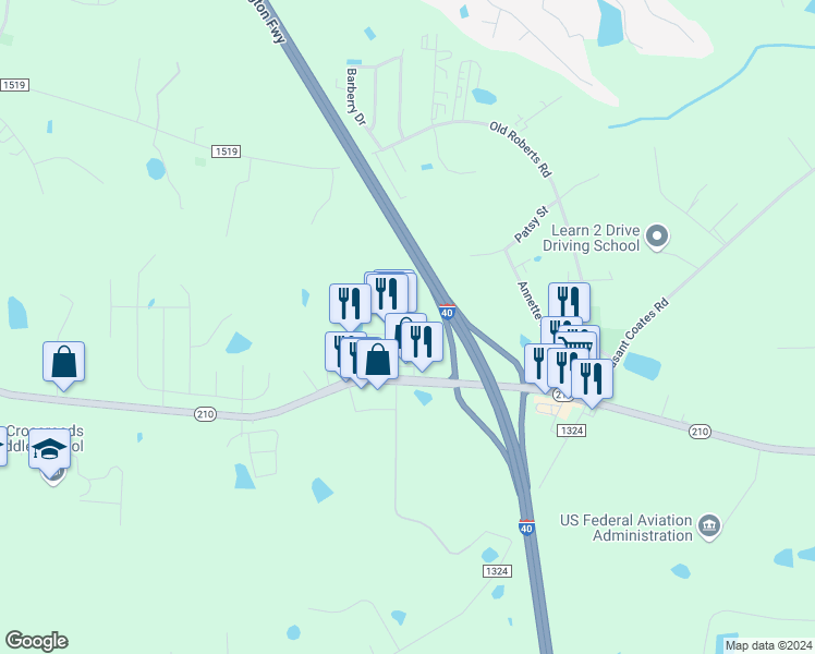 map of restaurants, bars, coffee shops, grocery stores, and more near 12330 North Carolina 210 in Benson