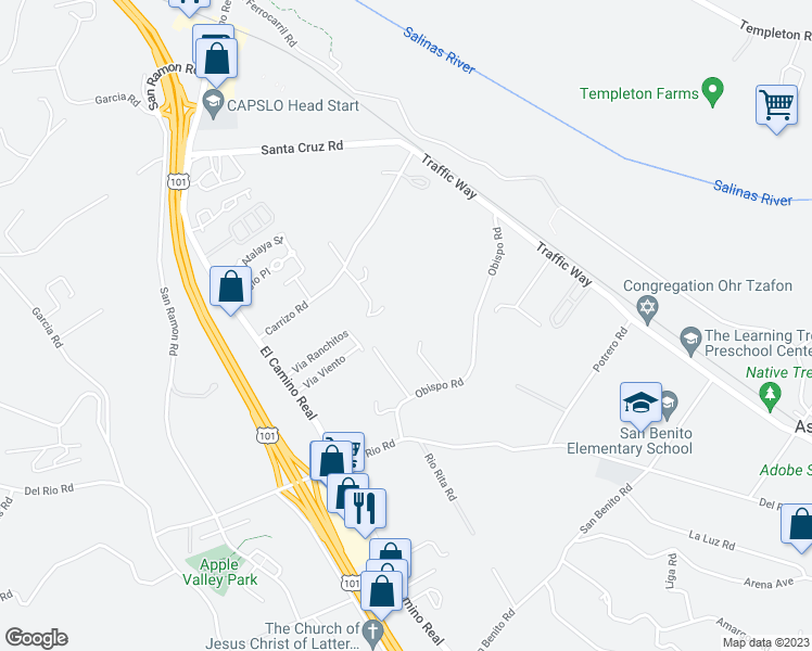 map of restaurants, bars, coffee shops, grocery stores, and more near 4640 Obispo Road in Atascadero