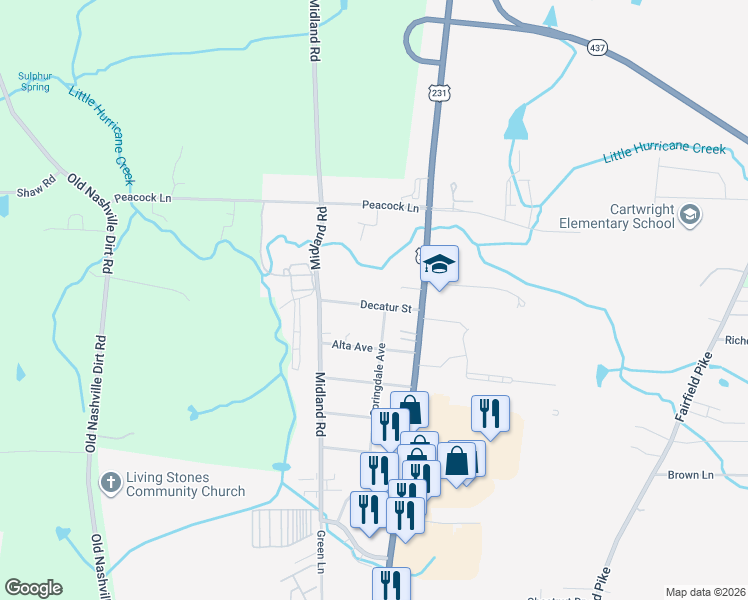 map of restaurants, bars, coffee shops, grocery stores, and more near 202 Decatur Street in Shelbyville