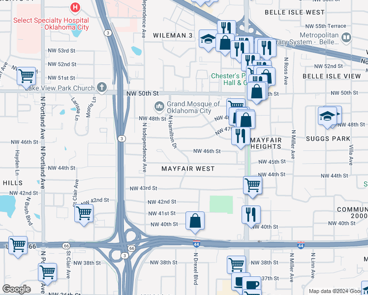 map of restaurants, bars, coffee shops, grocery stores, and more near 3137 Northwest 46th Street in Oklahoma City