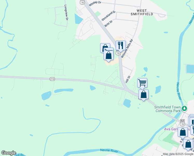 map of restaurants, bars, coffee shops, grocery stores, and more near 250 North Carolina 210 in Smithfield