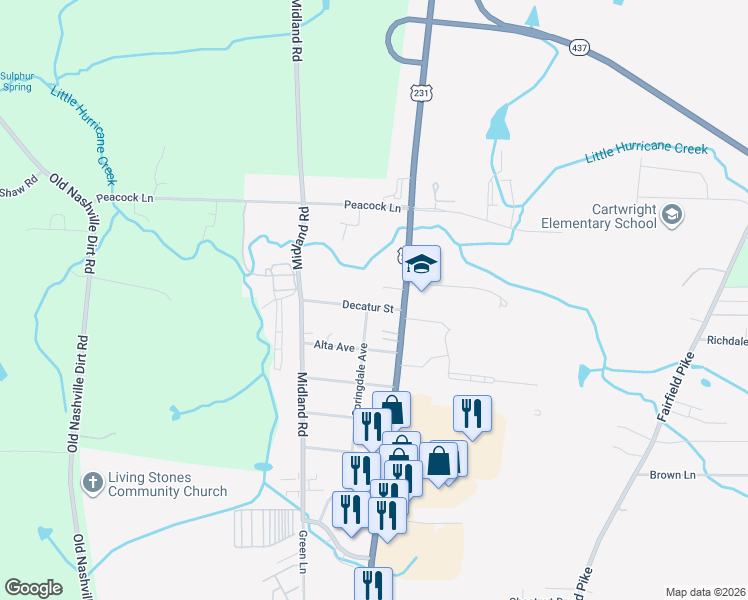 map of restaurants, bars, coffee shops, grocery stores, and more near 202 Decatur Street in Shelbyville