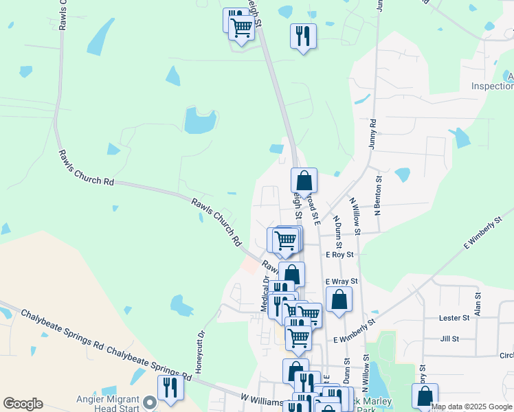 map of restaurants, bars, coffee shops, grocery stores, and more near 71 Coats Circle in Angier