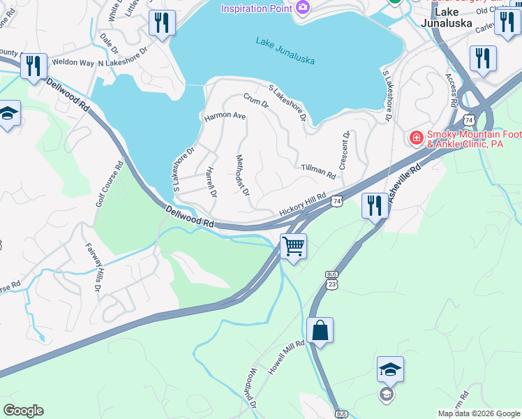 map of restaurants, bars, coffee shops, grocery stores, and more near 4 Hoosier Court in Lake Junaluska