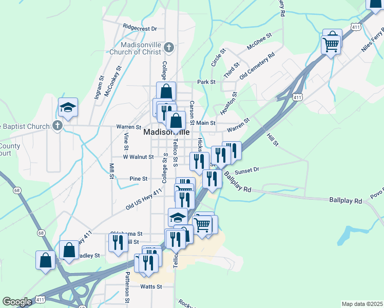 map of restaurants, bars, coffee shops, grocery stores, and more near 310 Carson Street in Madisonville