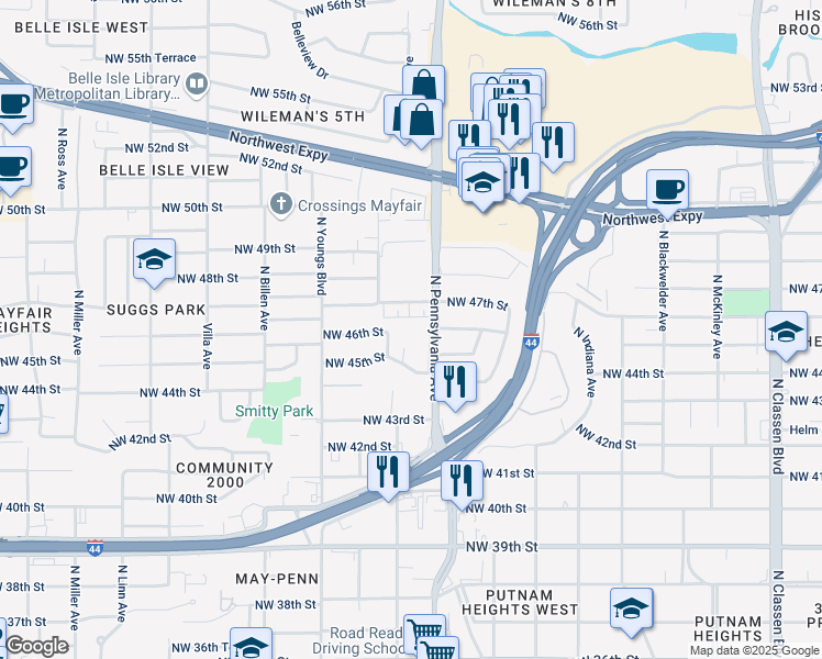 map of restaurants, bars, coffee shops, grocery stores, and more near 4621 North Pennsylvania Avenue in Oklahoma City