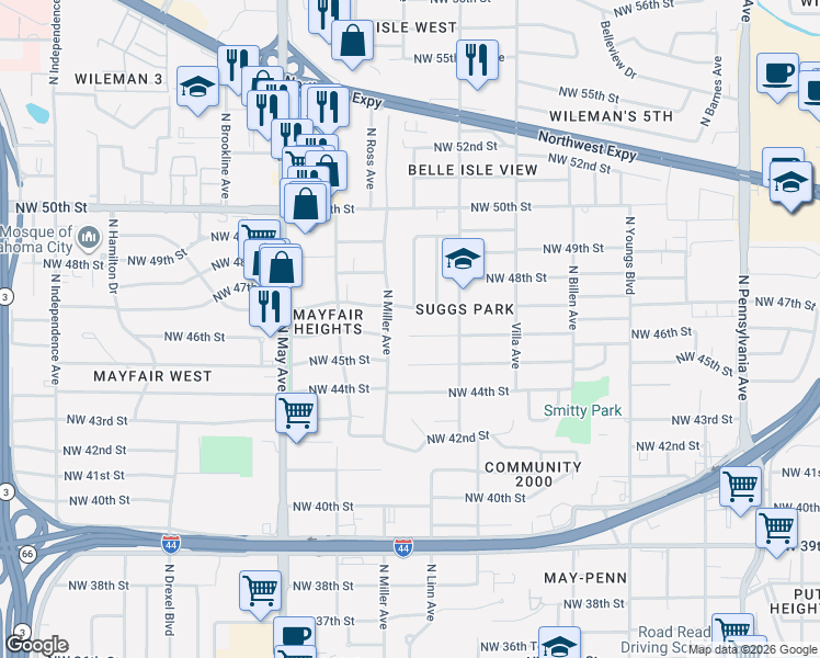 map of restaurants, bars, coffee shops, grocery stores, and more near 2627 Northwest 46th Street in Oklahoma City