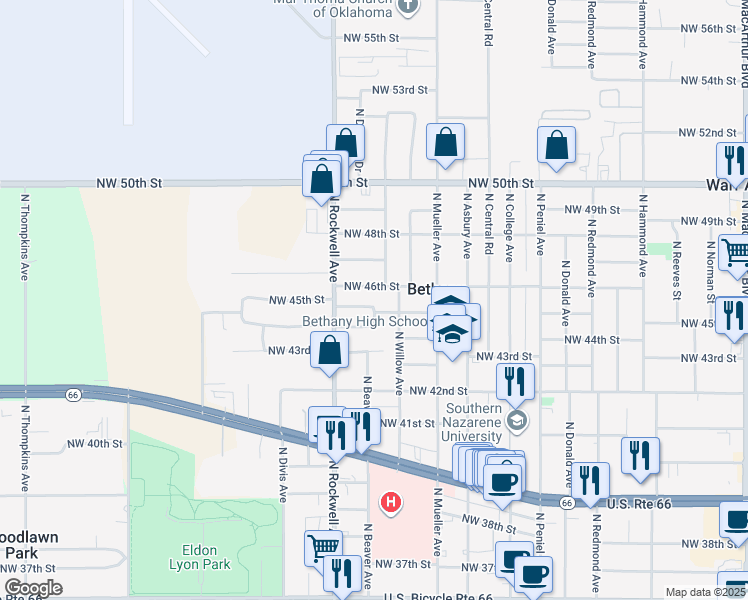 map of restaurants, bars, coffee shops, grocery stores, and more near 7004 Northwest 46th Street in Bethany