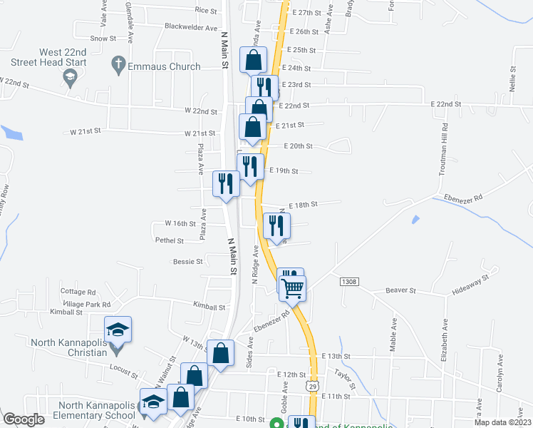 map of restaurants, bars, coffee shops, grocery stores, and more near 1704 North Cannon Boulevard in Kannapolis