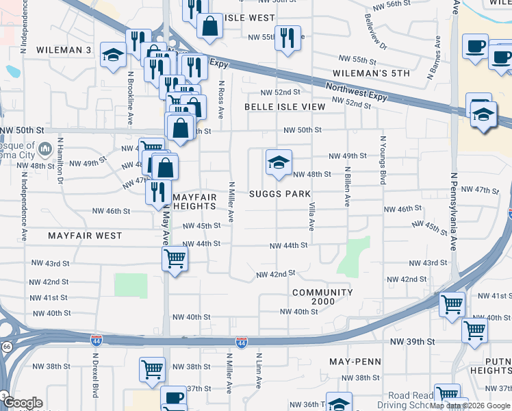 map of restaurants, bars, coffee shops, grocery stores, and more near 2627 Northwest 46th Street in Oklahoma City