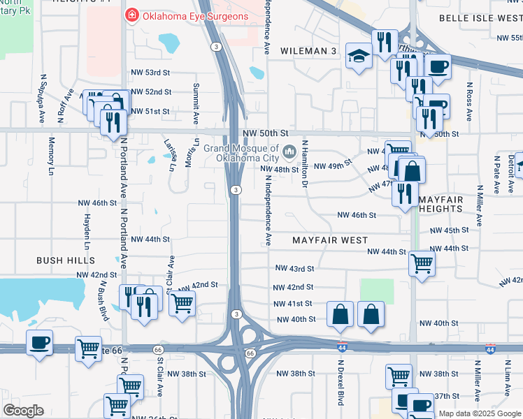 map of restaurants, bars, coffee shops, grocery stores, and more near 3304 Northwest 46th Street in Oklahoma City
