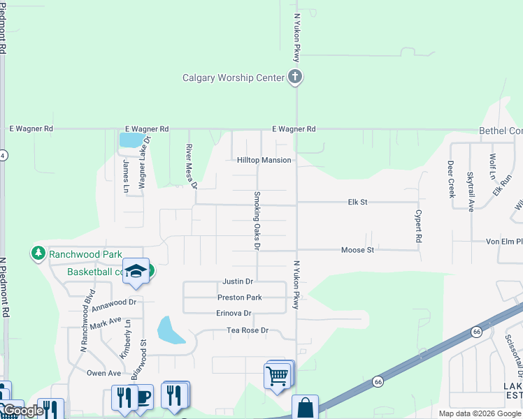 map of restaurants, bars, coffee shops, grocery stores, and more near 1058 Raintree Mansion in Yukon