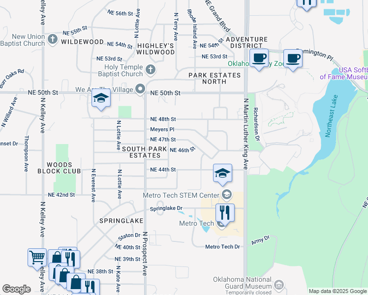 map of restaurants, bars, coffee shops, grocery stores, and more near 1625 Northeast 46th Street in Oklahoma City