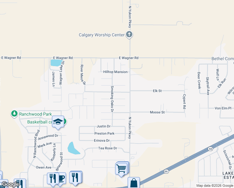 map of restaurants, bars, coffee shops, grocery stores, and more near 1058 Raintree Mansion in Yukon