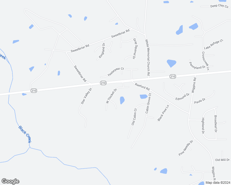 map of restaurants, bars, coffee shops, grocery stores, and more near 99 West Thicket Drive in Angier