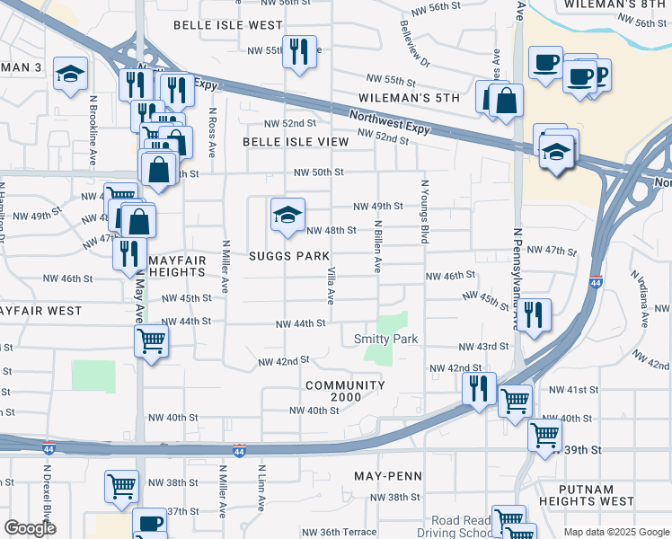map of restaurants, bars, coffee shops, grocery stores, and more near 2445 NW 46th St in Oklahoma City