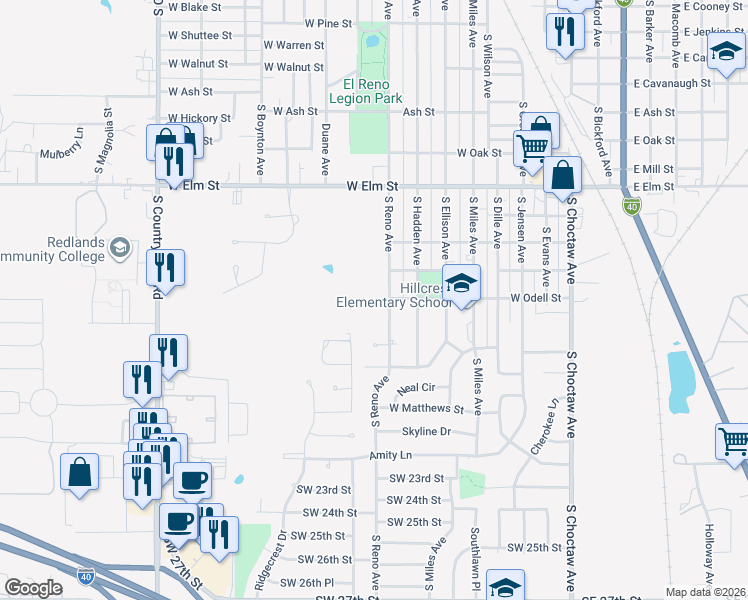 map of restaurants, bars, coffee shops, grocery stores, and more near 1308 South Reno Avenue in El Reno