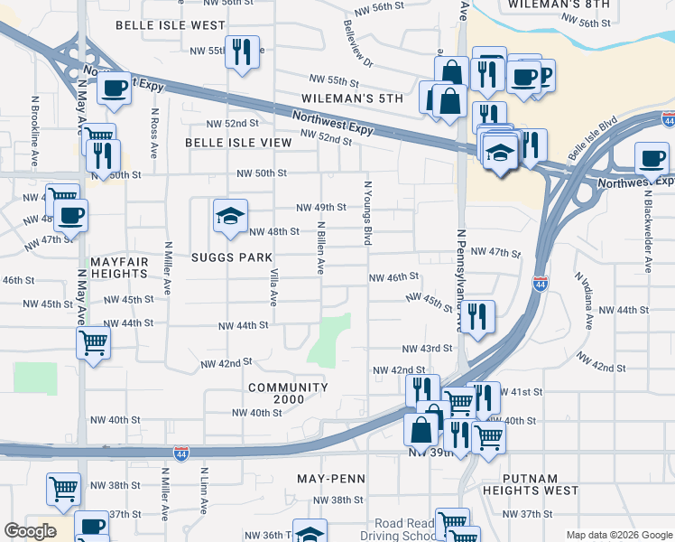 map of restaurants, bars, coffee shops, grocery stores, and more near 2336 Northwest 46th Street in Oklahoma City