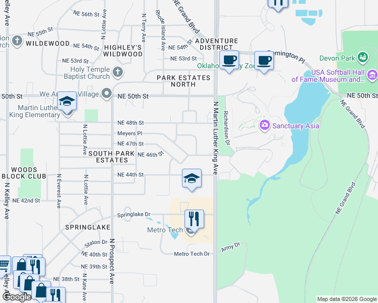 map of restaurants, bars, coffee shops, grocery stores, and more near 1821 Meyers Place in Oklahoma City