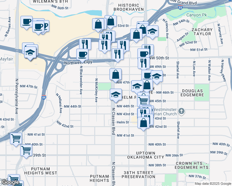 map of restaurants, bars, coffee shops, grocery stores, and more near 4619 North Classen Boulevard in Oklahoma City