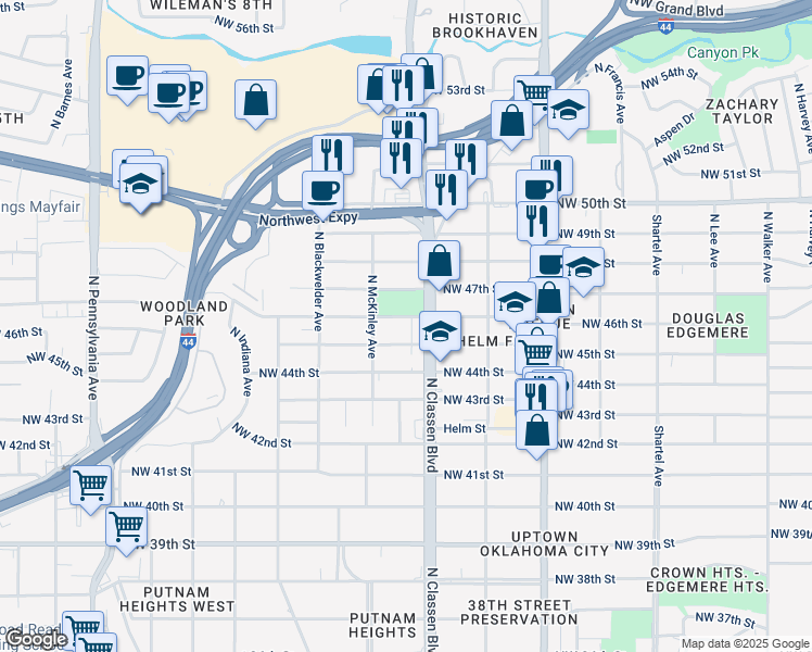 map of restaurants, bars, coffee shops, grocery stores, and more near in Oklahoma City