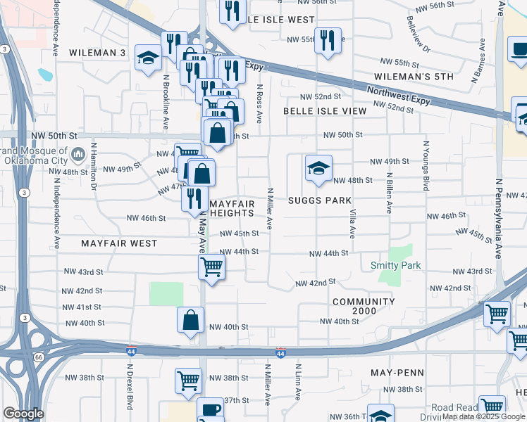 map of restaurants, bars, coffee shops, grocery stores, and more near 4708 North Miller Avenue in Oklahoma City