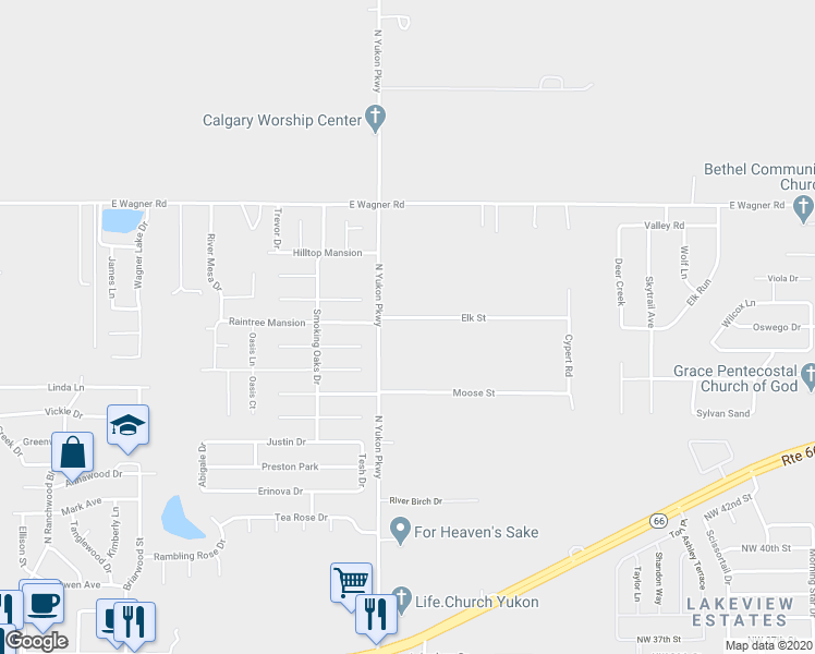 map of restaurants, bars, coffee shops, grocery stores, and more near 1110 Elk Street in Yukon