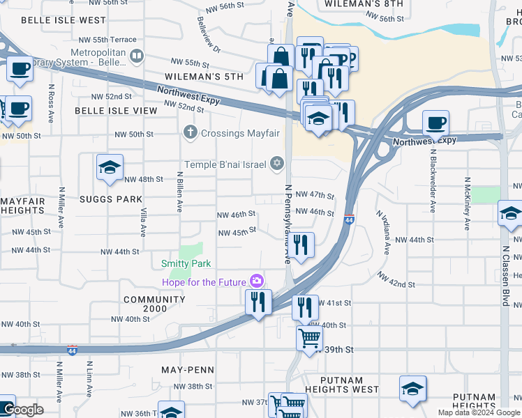 map of restaurants, bars, coffee shops, grocery stores, and more near 4616 North Barnes Avenue in Oklahoma City