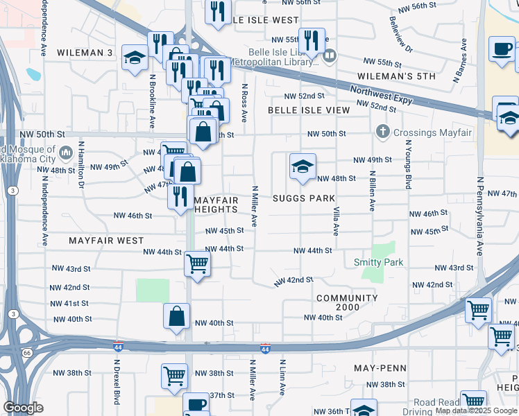 map of restaurants, bars, coffee shops, grocery stores, and more near 4708 North Miller Avenue in Oklahoma City