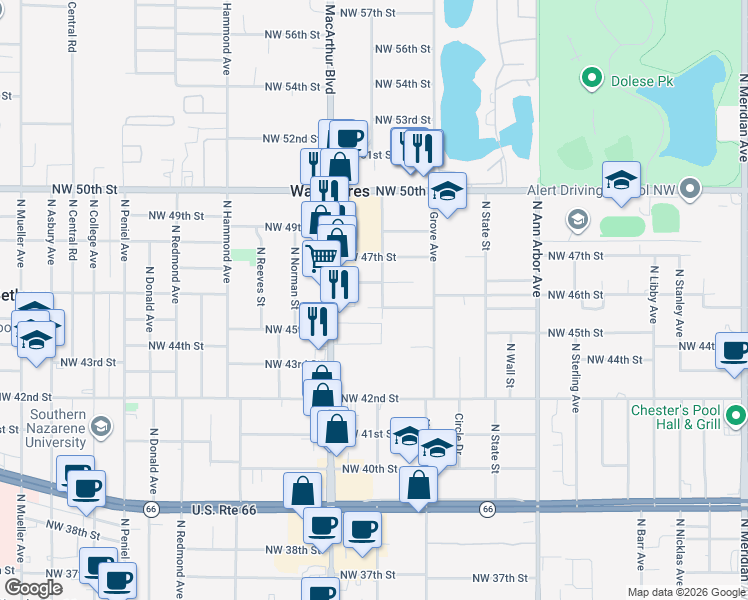 map of restaurants, bars, coffee shops, grocery stores, and more near 5805 Northwest 45th Street in Warr Acres